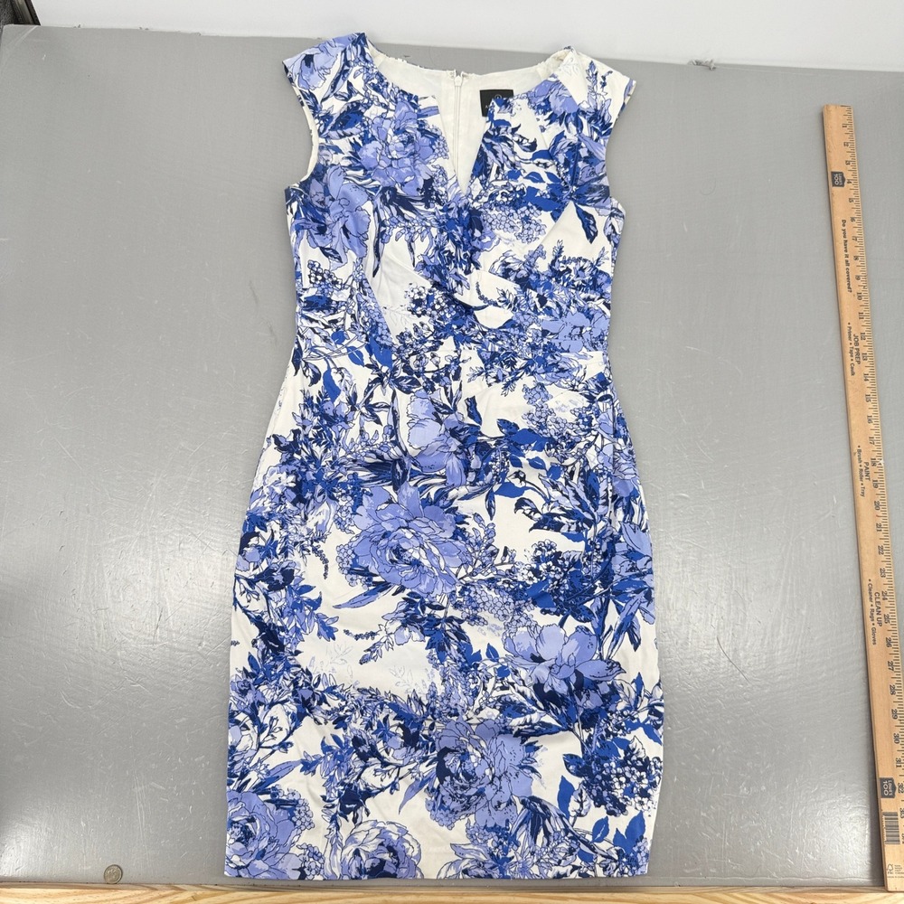 Adrianna Papell Blue White Floral Cotton Sheath Dress Size‎ 8 Cap Sleeve V-Neck